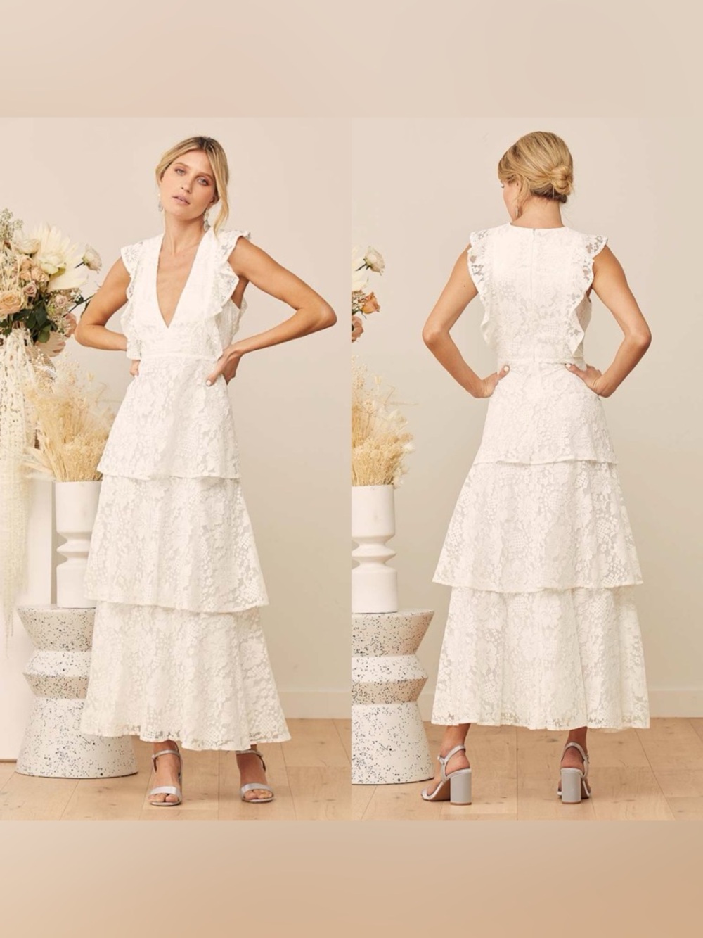 NWT Lulus Molinetto White Lace Ruffled Tiered Sleeveless Maxi Dress Size Small